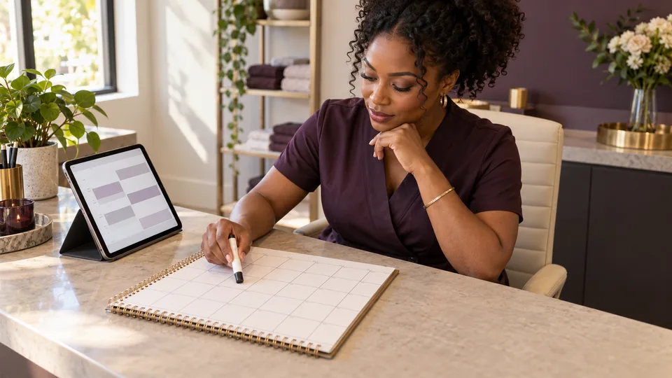A service-business owner compares a paper calendar with a tablet booking view.