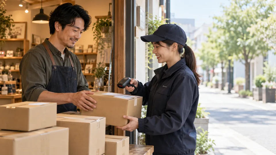 A shop owner and courier check plain packages at a storefront pickup.