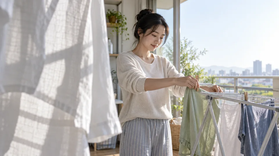 A young woman clips a garment to an indoor drying rack in a bright apartment.