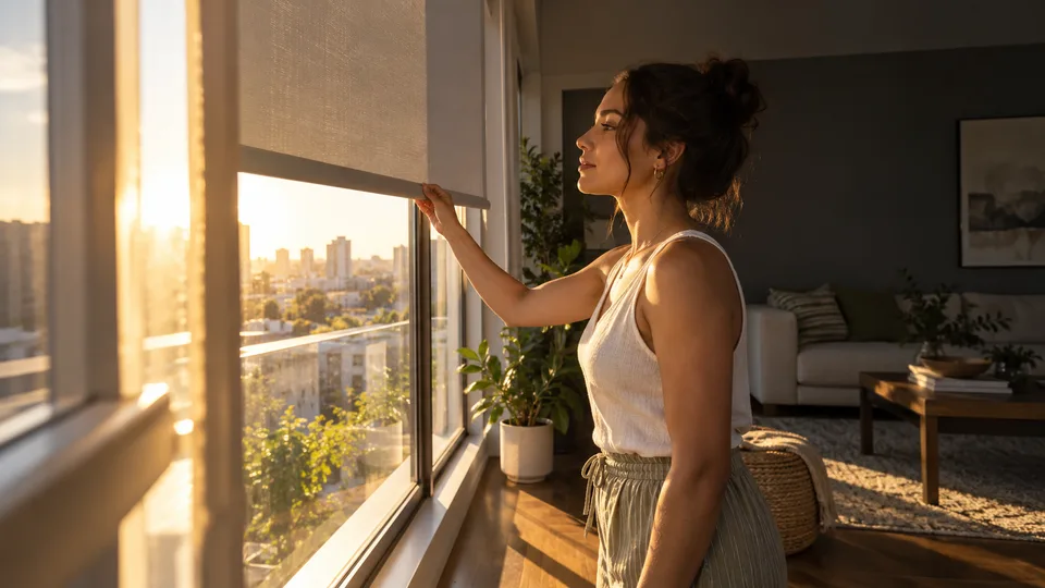 A young woman lowers a window shade against strong late-afternoon sun.