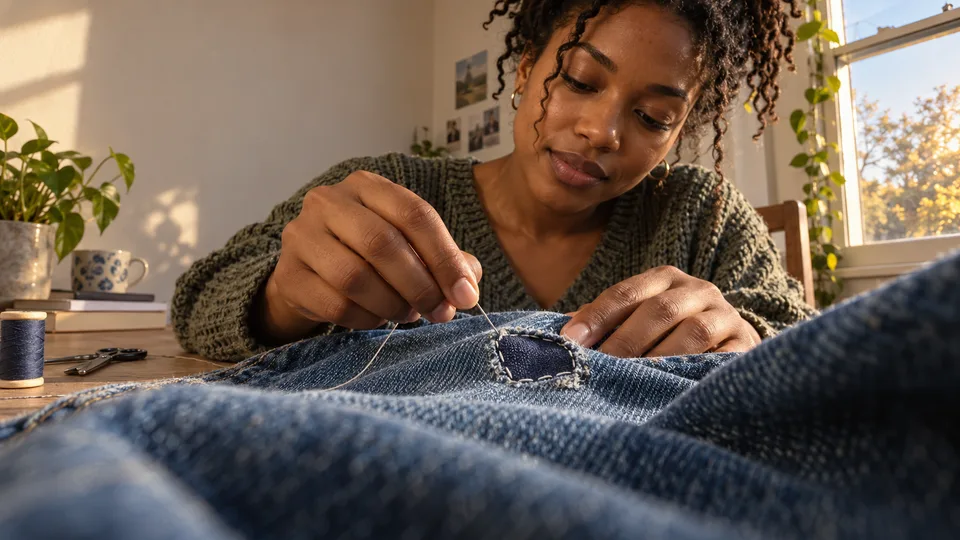 A young woman hand-stitches a patch onto worn denim at a sunlit table.