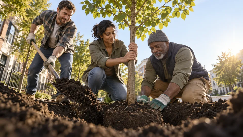 Three neighbors of different ages plant a young tree beside an urban street.