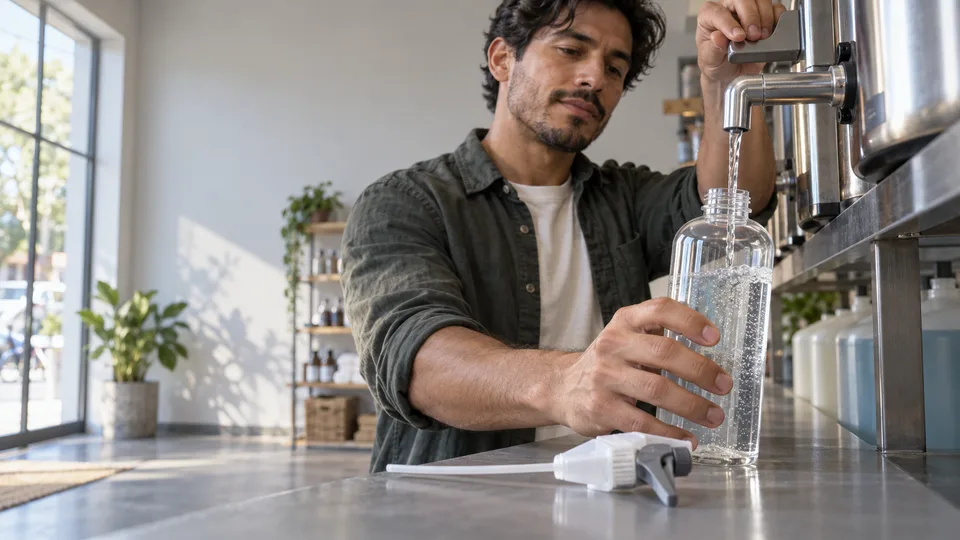 A young man fills an unmarked reusable spray bottle from a bulk dispenser.