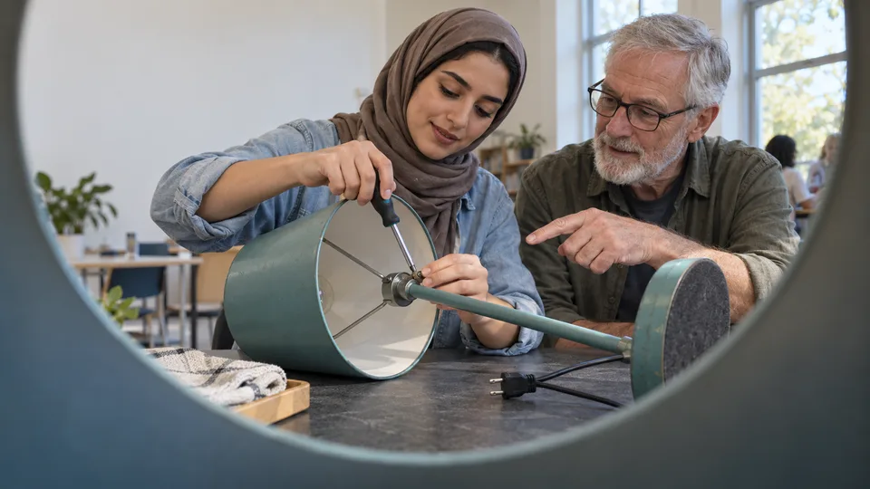A young woman and an older man work on an unplugged lamp at a shared repair table.
