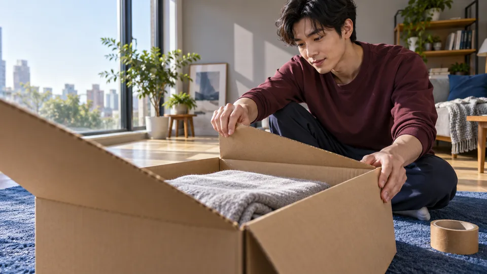 A young man packs folded clothing into a cardboard box at home.