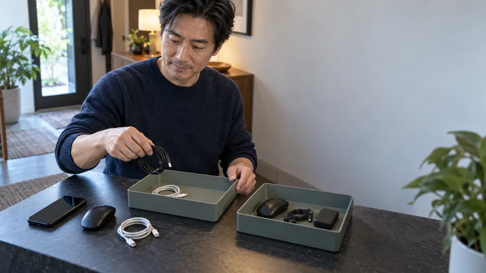 A man separates cables and small devices into trays on a table at home.