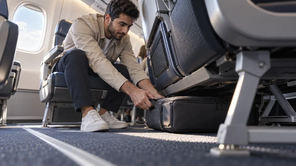 A passenger pushes a small bag beneath the seat ahead in a transport cabin.