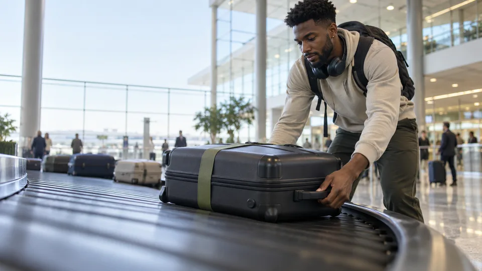A traveler reaches for a suitcase at the edge of a baggage carousel.