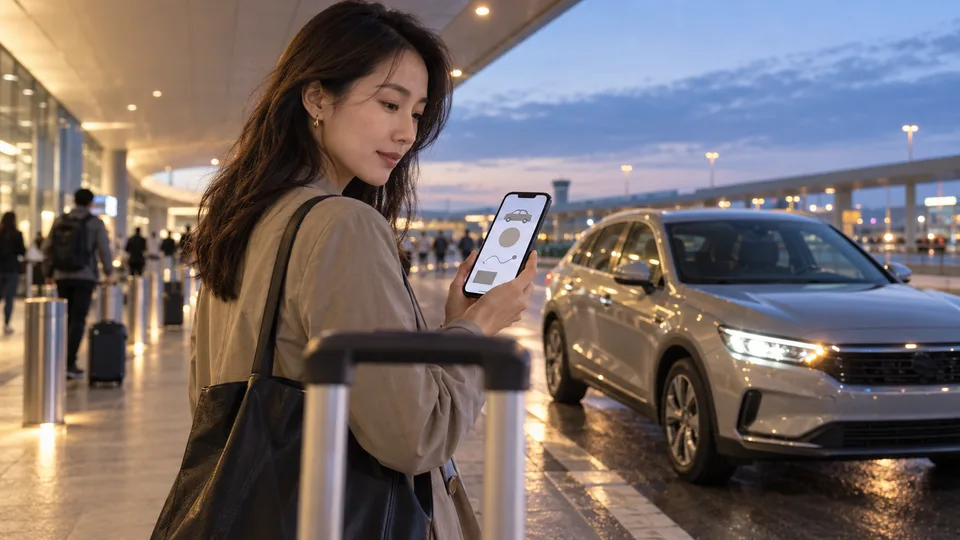 A traveler compares a generic phone with an arriving car before getting in.