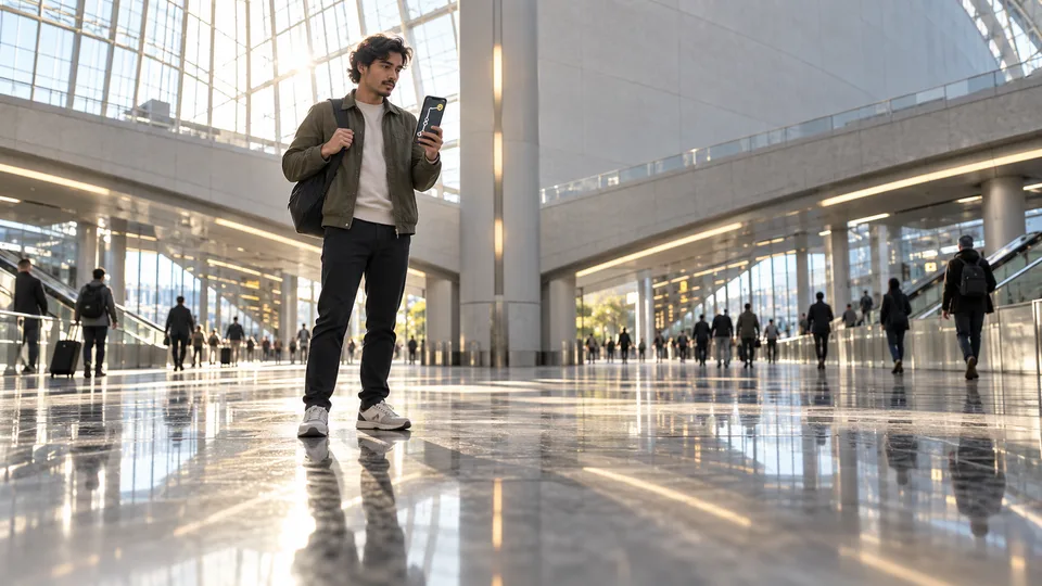 A traveler checks a generic phone while navigating a station concourse.