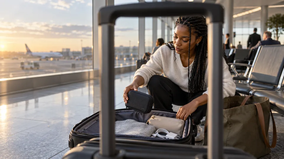 A traveler rearranges a carry-on bag while waiting near an airport gate.