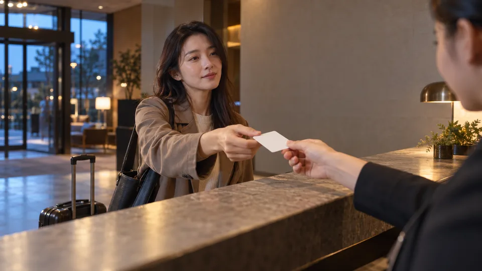 A guest receives a plain room key card across a hotel reception desk.