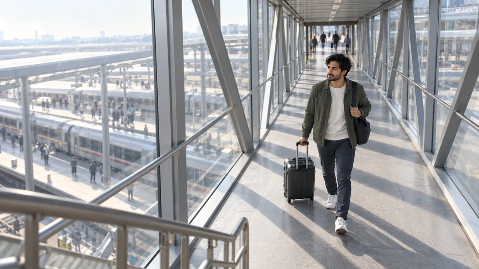 A traveler crosses a station footbridge while changing trains.