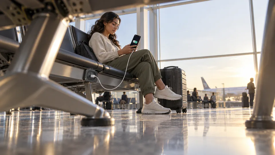A traveler charges a device beside airport seating before departure.