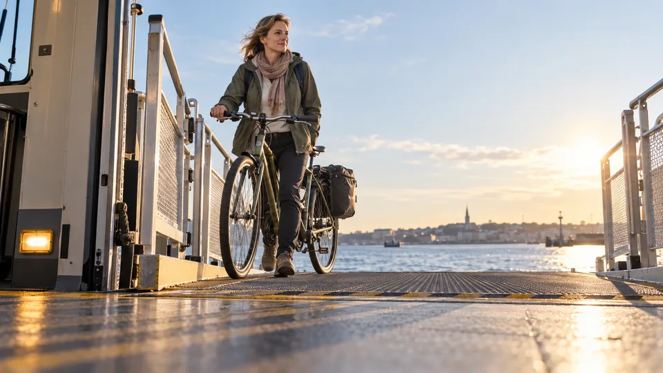 A traveler walks a loaded bicycle up a ferry boarding ramp.