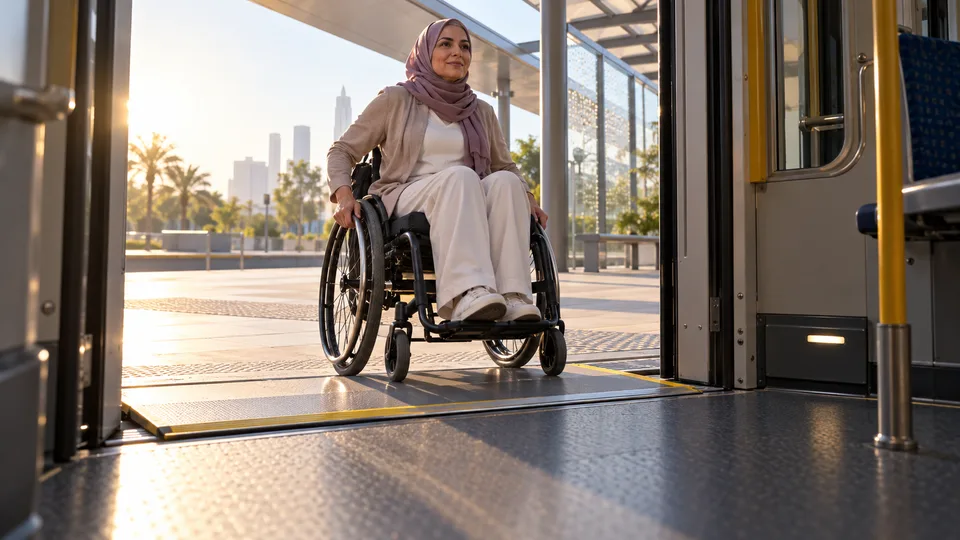 A wheelchair traveler approaches a deployed boarding plate at a transit vehicle.