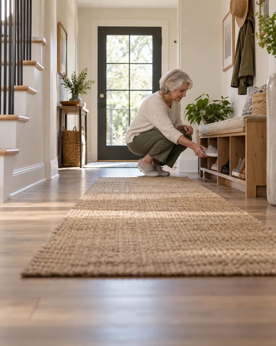 An older woman moves shoes from the entry area to keep a home walkway open.