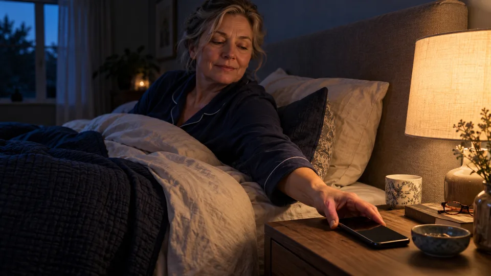 A woman puts her phone on the bedside table during a quiet evening routine.