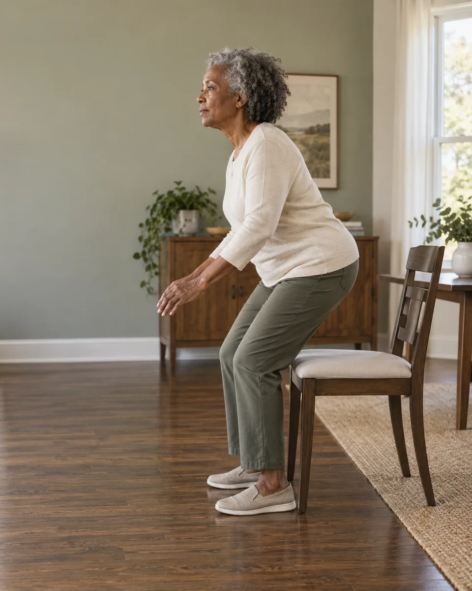 An older Black woman rises from a sturdy chair with both feet planted on the floor.