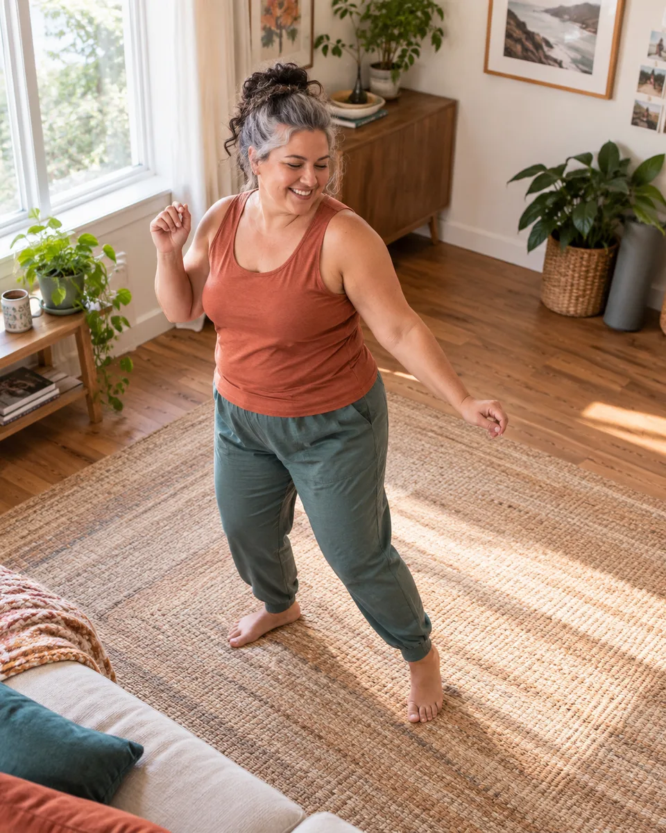A woman takes a light rhythmic step across an open living-room floor.