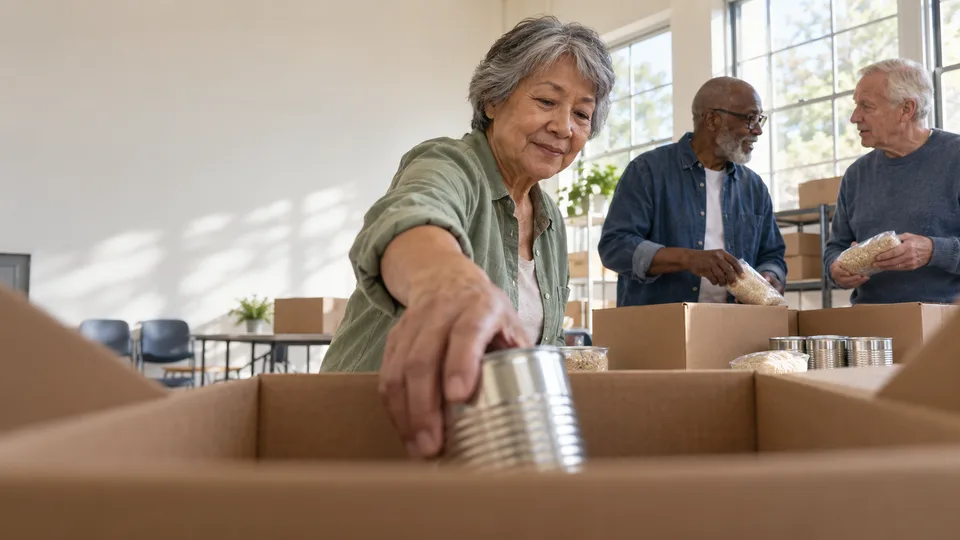 Older volunteers pack plain care boxes together in a neighborhood room.