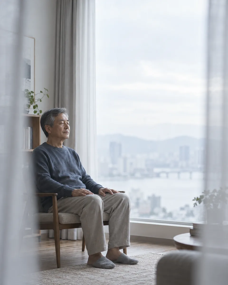An older East Asian man sits near a softly lit window for a calm moment at home.