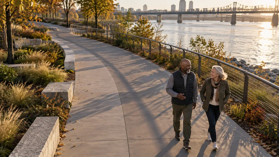 Two older friends walk together along a curved urban riverside path in low afternoon light.
