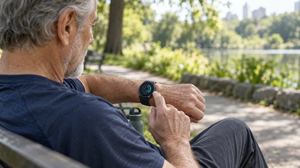 An older man looks at an unbranded wrist device after a walk in the park.