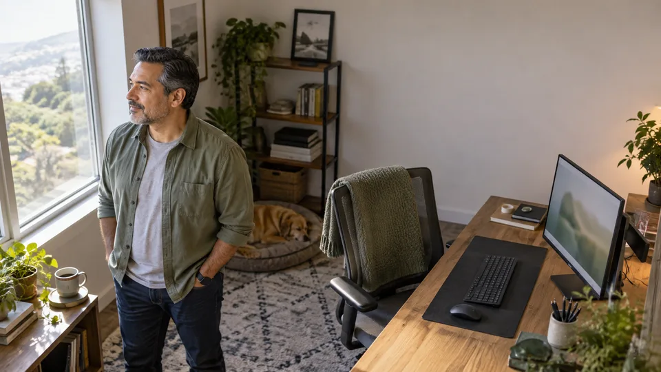 A worker steps away from a desk toward a window for a quiet break during the workday.